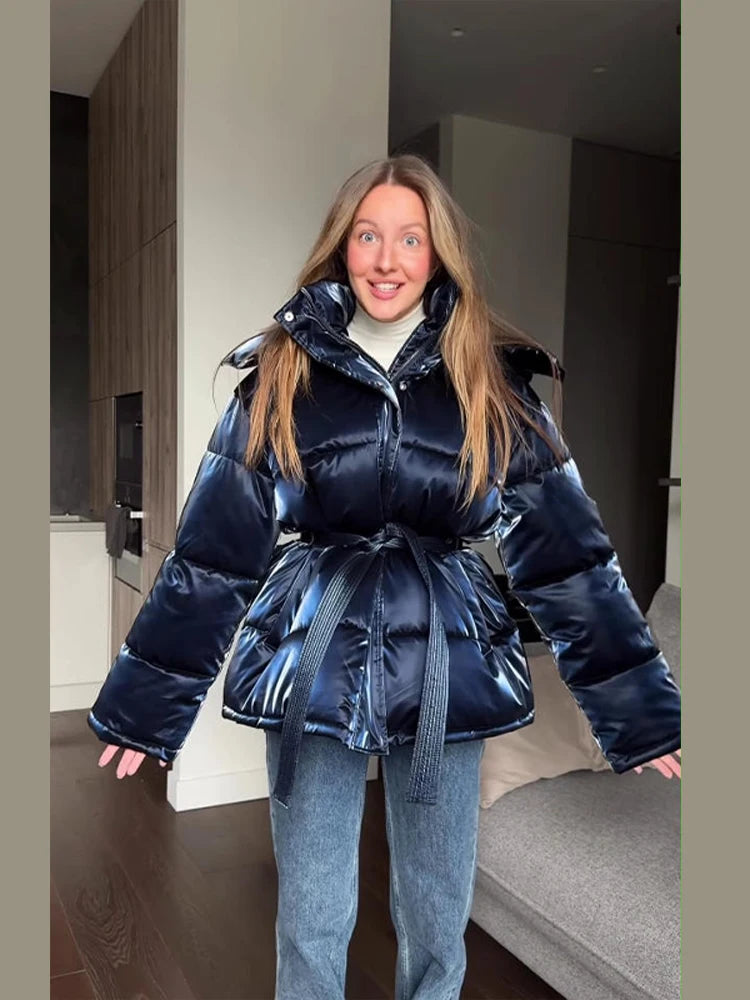 Women’s Hooded Padded Winter Jacket – Belted Waist Full Sleeve Coat