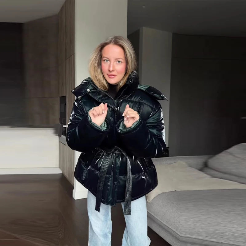 Women’s Hooded Padded Winter Jacket – Belted Waist Full Sleeve Coat