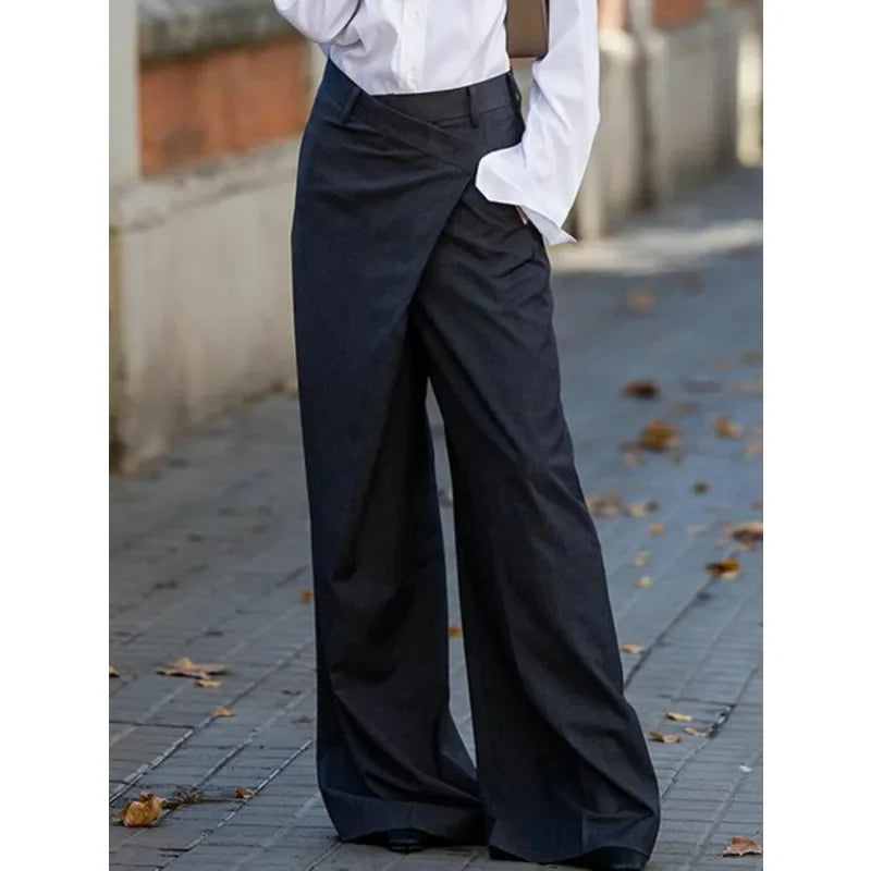 Women’s High Waisted Wide Leg Suit Pants – Asymmetric Design Trouser