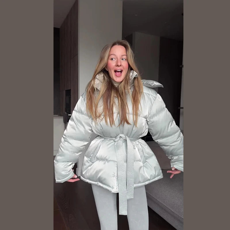 Women’s Hooded Padded Winter Jacket – Belted Waist Full Sleeve Coat
