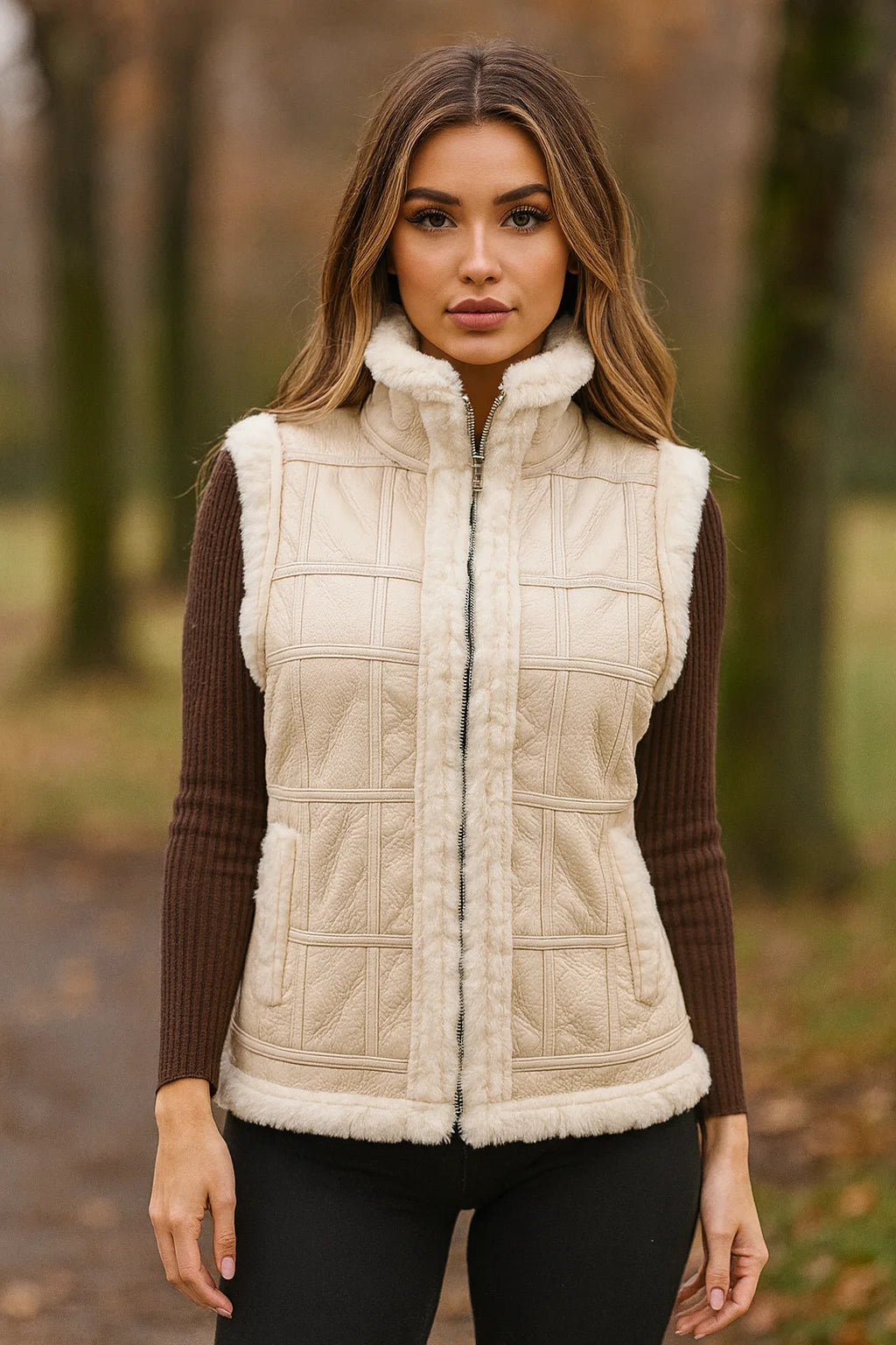 Genuine Sheepskin Leather Vest – Fur Lined Women Waistcoat