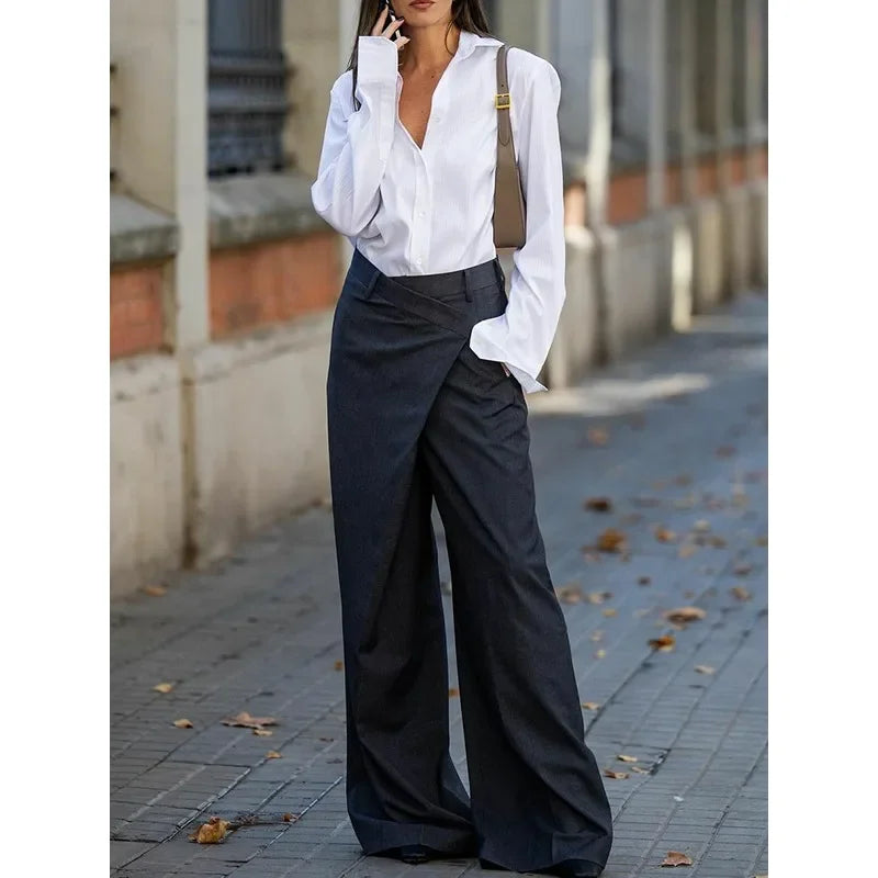 Women’s High Waisted Wide Leg Suit Pants – Asymmetric Design Trouser