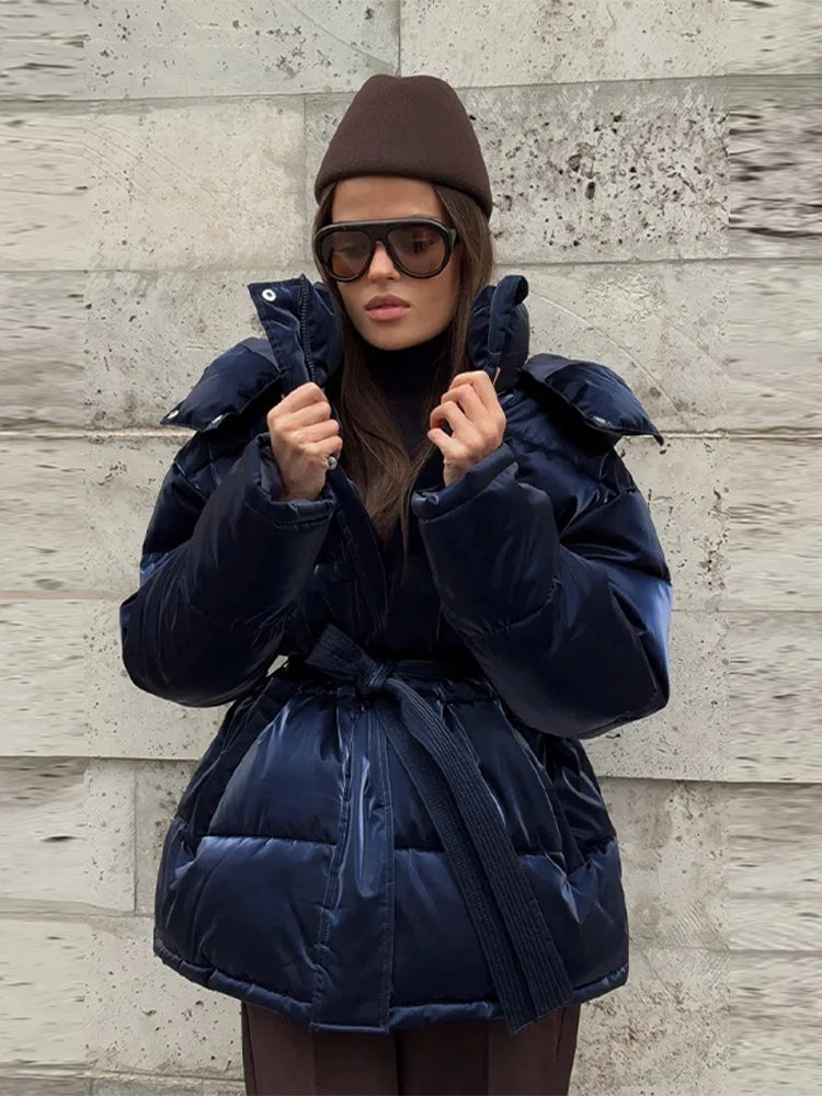 Women’s Hooded Padded Winter Jacket – Belted Waist Full Sleeve Coat