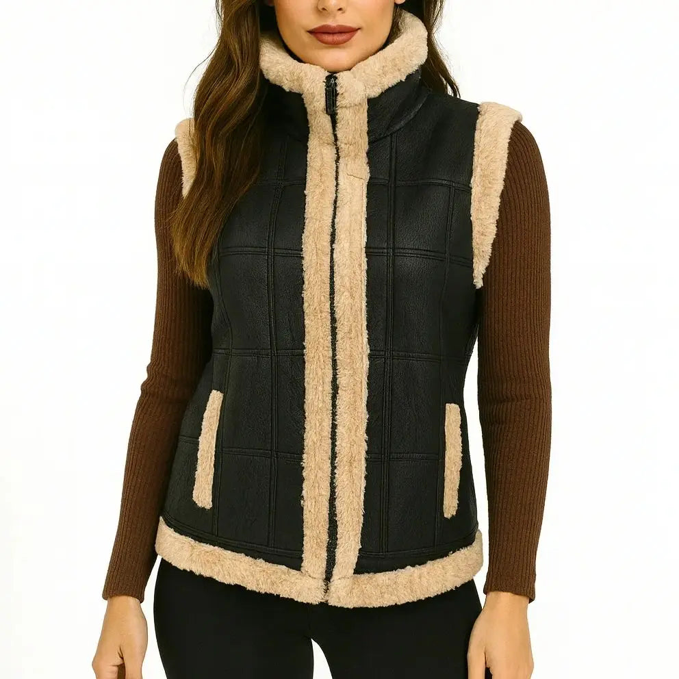 Genuine Sheepskin Leather Vest – Fur Lined Women Waistcoat