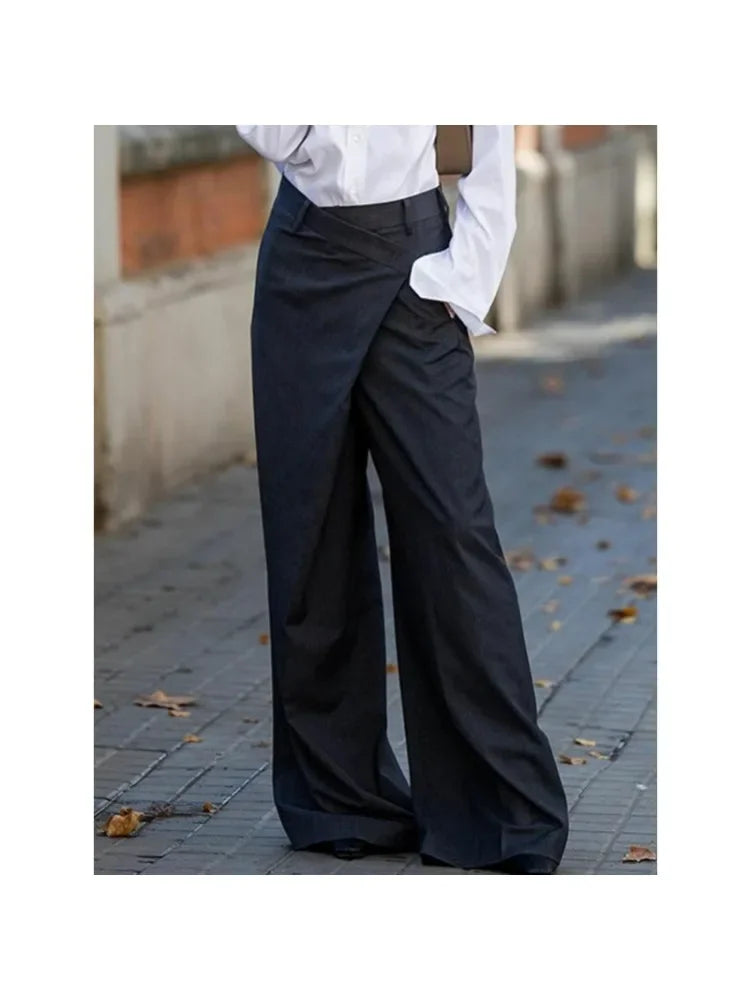 Women’s High Waisted Wide Leg Suit Pants – Asymmetric Design Trouser