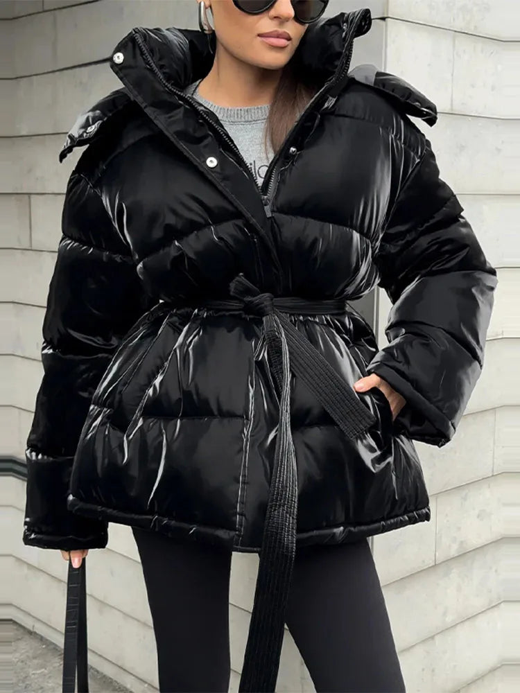 Women’s Hooded Padded Winter Jacket – Belted Waist Full Sleeve Coat