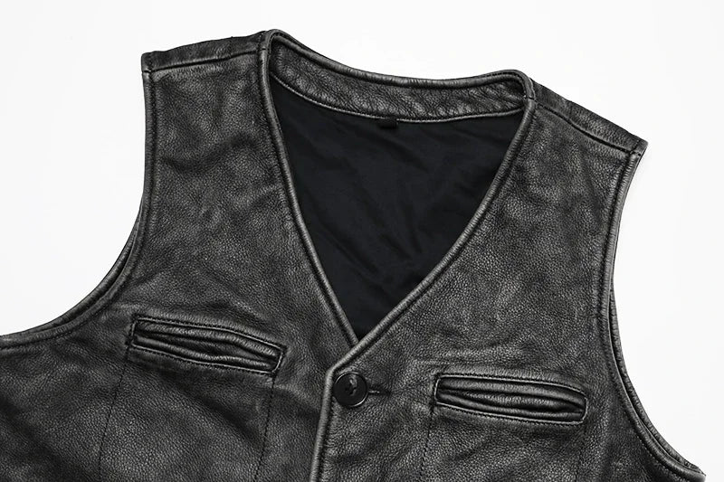 Vintage Genuine Cowhide Leather Vest – Men’s Sleeveless Jacket