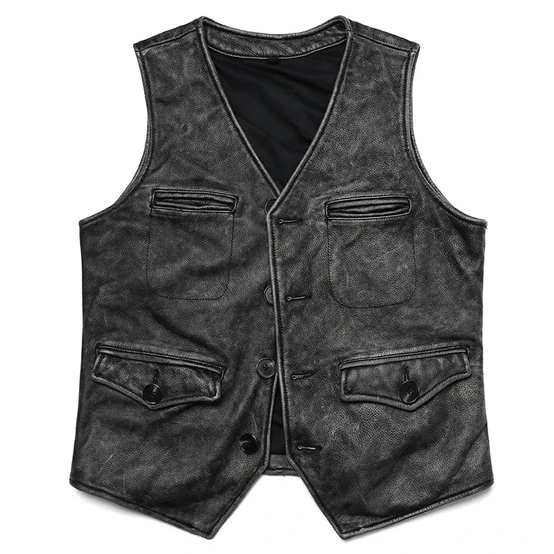 Vintage Genuine Cowhide Leather Vest – Men’s Sleeveless Jacket