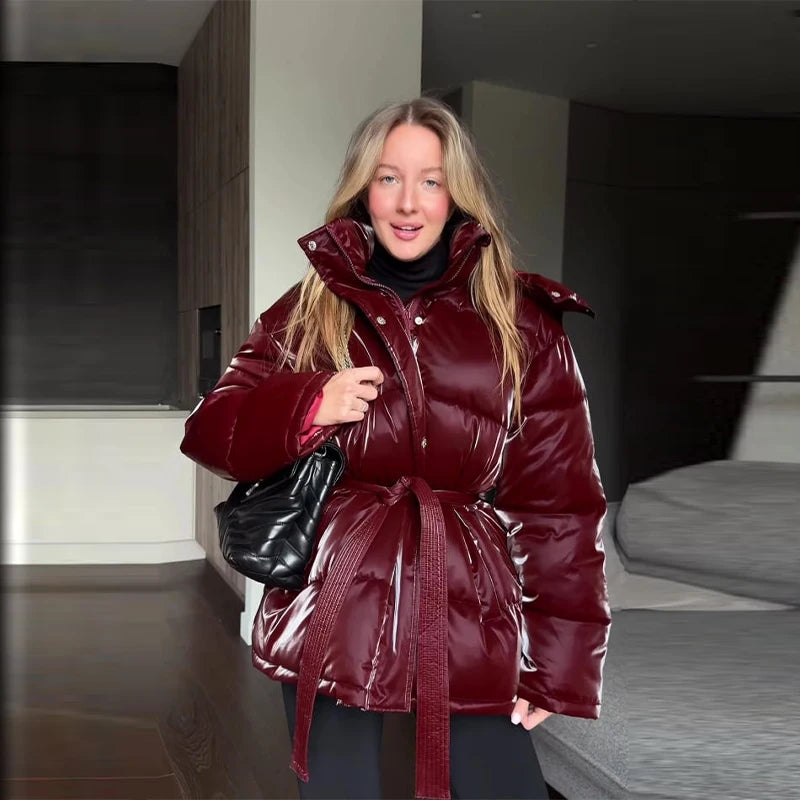 Women’s Hooded Padded Winter Jacket – Belted Waist Full Sleeve Coat