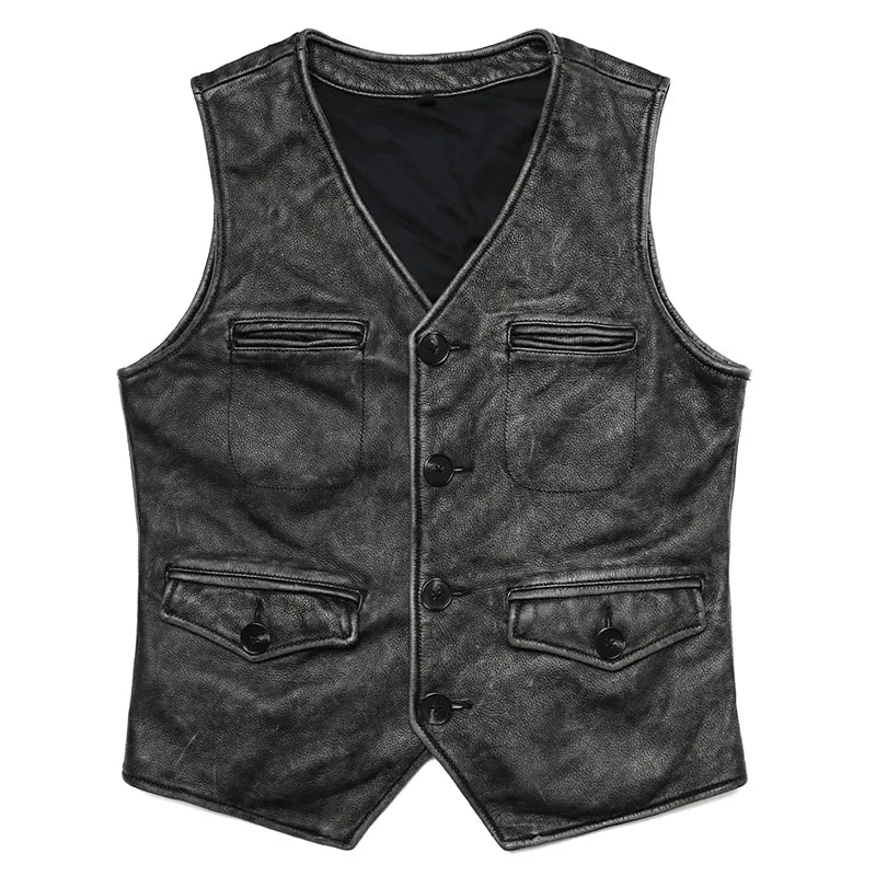 Vintage Genuine Cowhide Leather Vest – Men’s Sleeveless Jacket