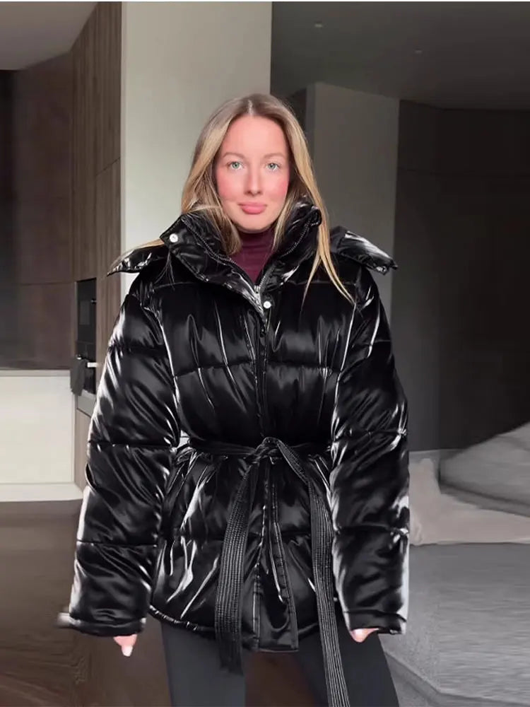 Women’s Hooded Padded Winter Jacket – Belted Waist Full Sleeve Coat