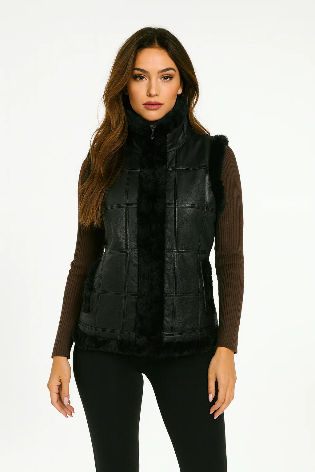 Genuine Sheepskin Leather Vest – Fur Lined Women Waistcoat