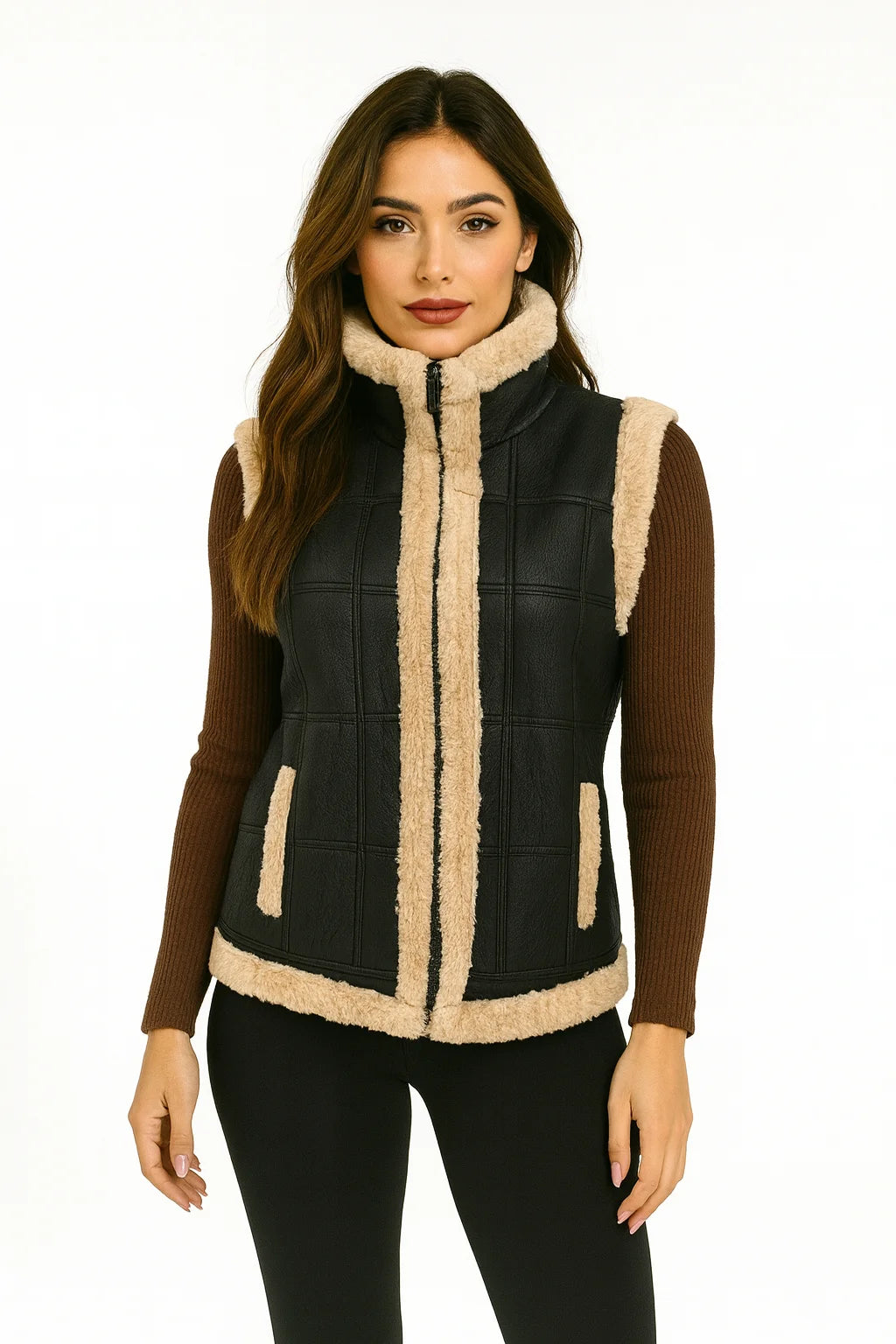 Genuine Sheepskin Leather Vest – Fur Lined Women Waistcoat
